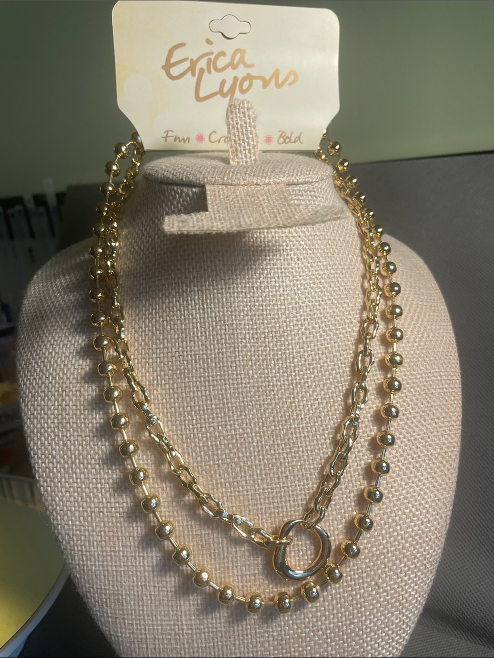 Erica Lyons Gold Double-Layer Metal Beaded and Link Necklace 16” L 3”extender